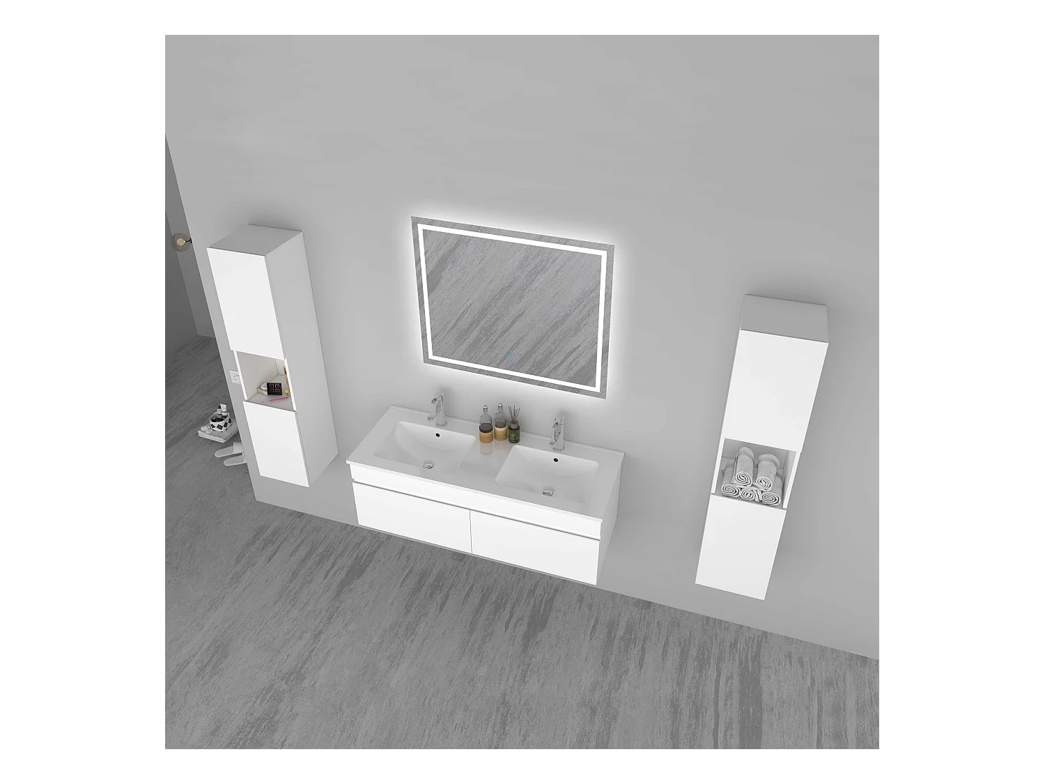 AICA Ensemble meuble Salle de Bain vasque L.120cm Blanc 2 Portes + 2 Colonne + Miroir LED 100 x 80 cm