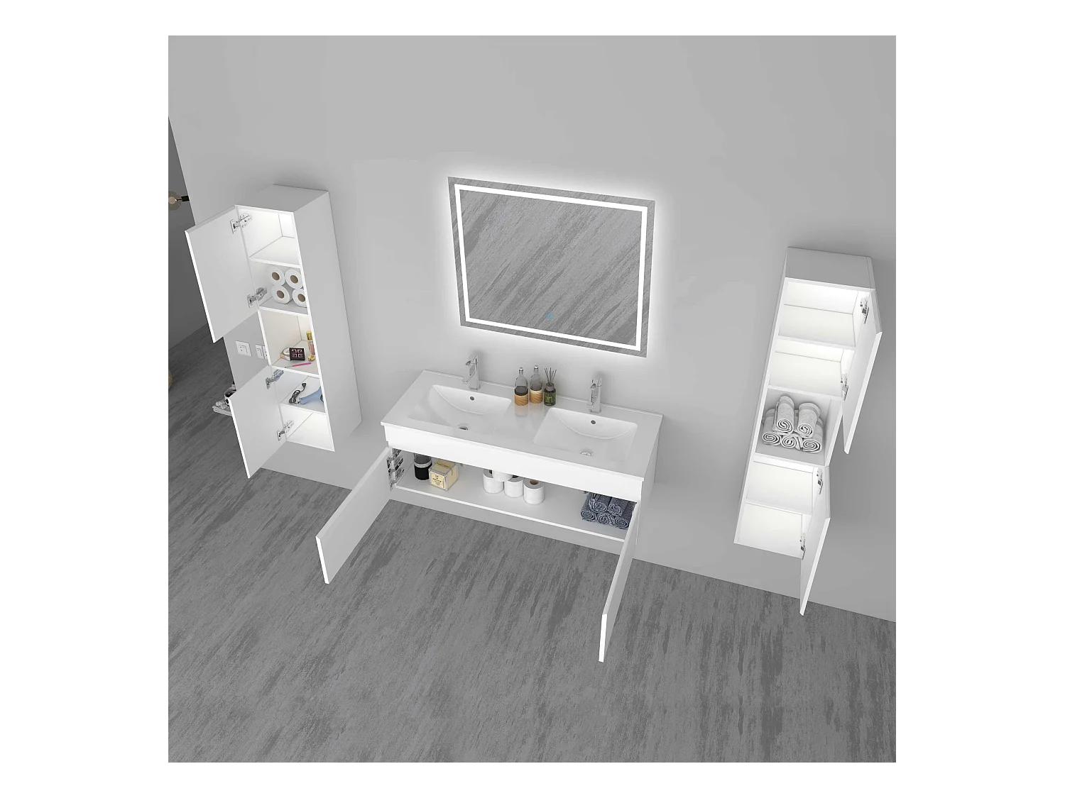 AICA Ensemble meuble Salle de Bain vasque L.120cm Blanc 2 Portes + 2 Colonne + Miroir LED 100 x 80 cm