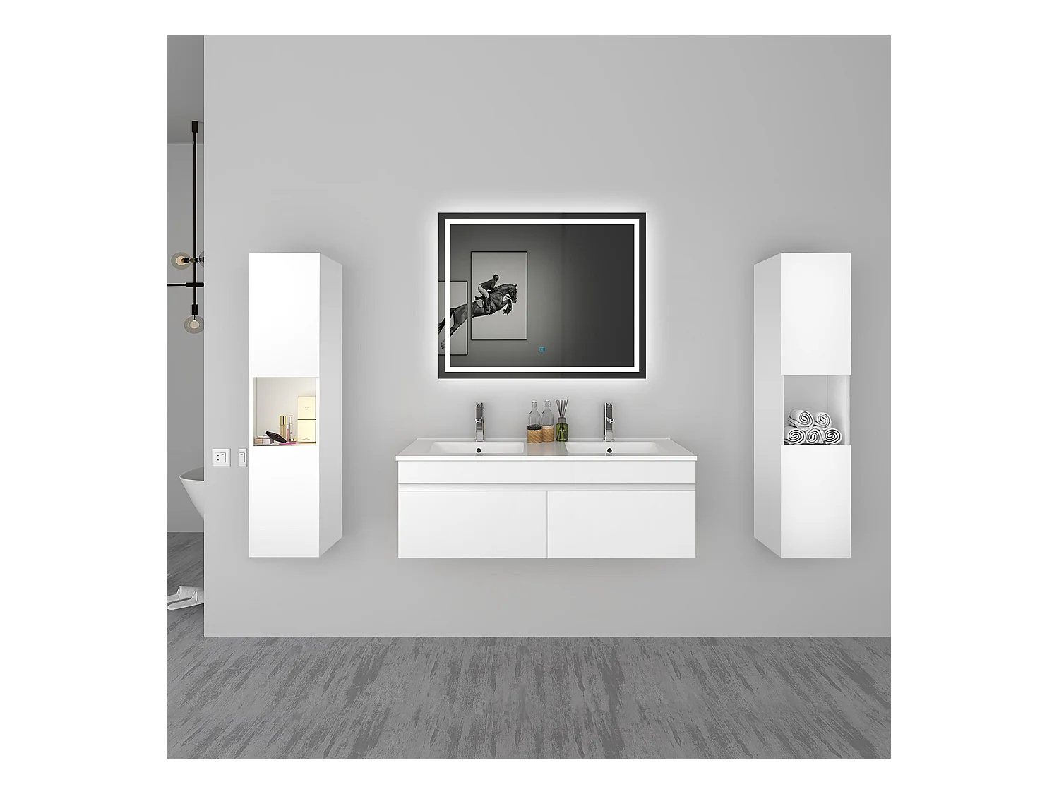 AICA Ensemble meuble Salle de Bain vasque L.120cm Blanc 2 Portes + 2 Colonne + Miroir LED 100 x 80 cm