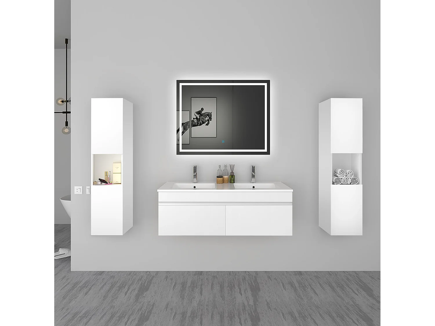 AICA Ensemble meuble Salle de Bain vasque L.120cm Blanc 2 Portes + 2 Colonne + Miroir LED 100 x 80 cm