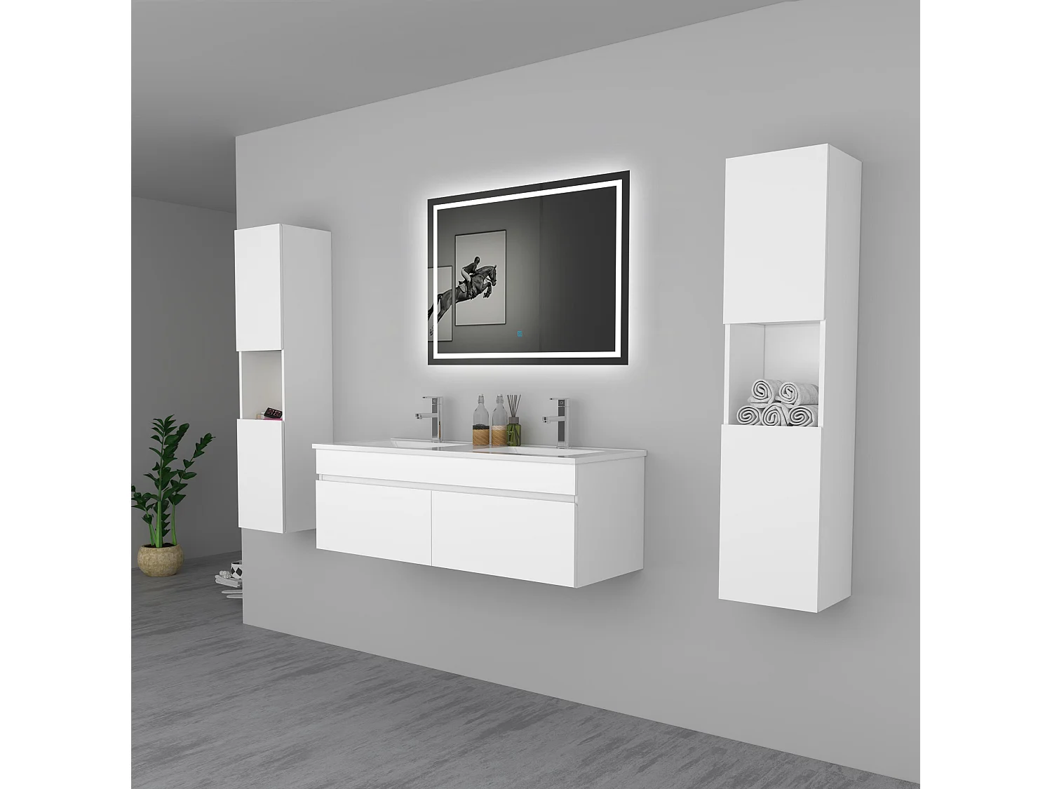 AICA Ensemble meuble Salle de Bain vasque L.120cm Blanc 2 Portes + 2 Colonne + Miroir LED 100 x 80 cm
