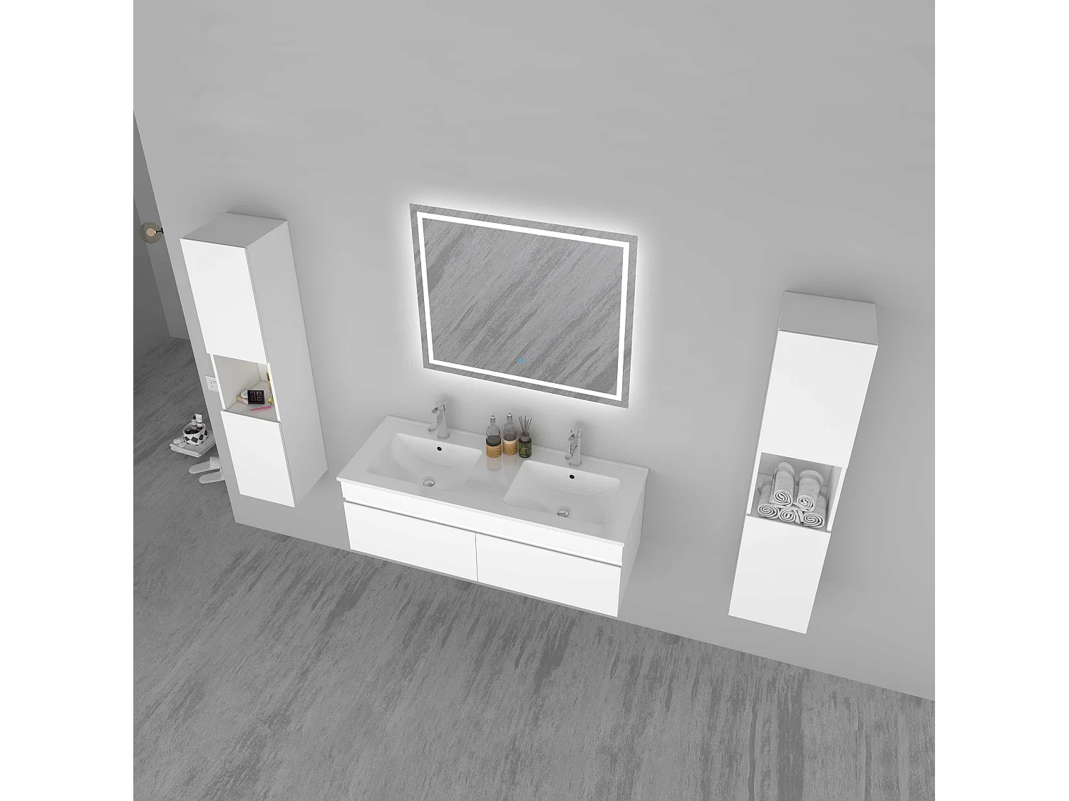 AICA Ensemble meuble Salle de Bain vasque L.120cm Blanc 2 Portes + 2 Colonne + Miroir LED 100 x 80 cm