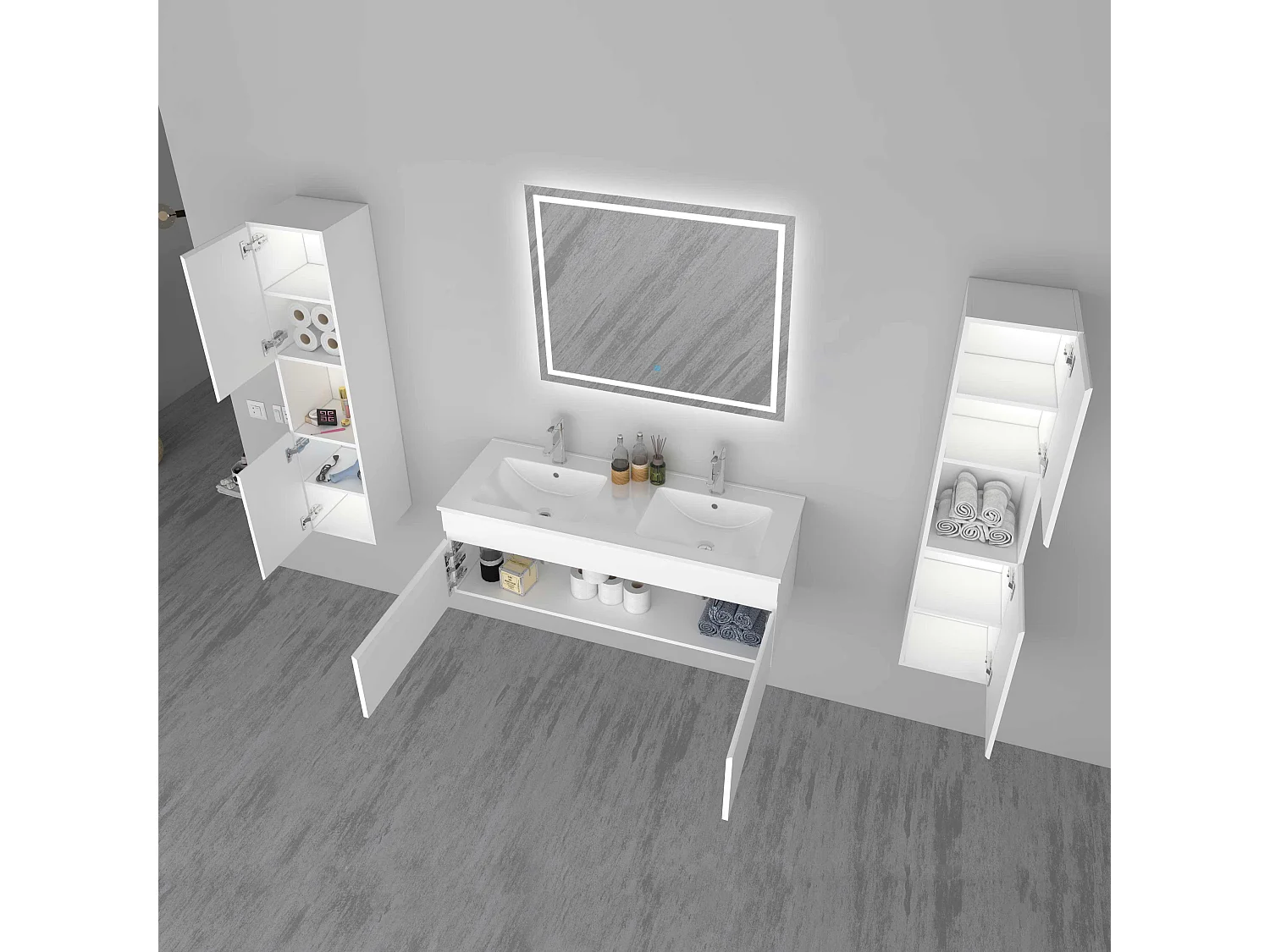 AICA Ensemble meuble Salle de Bain vasque L.120cm Blanc 2 Portes + 2 Colonne + Miroir LED 100 x 80 cm