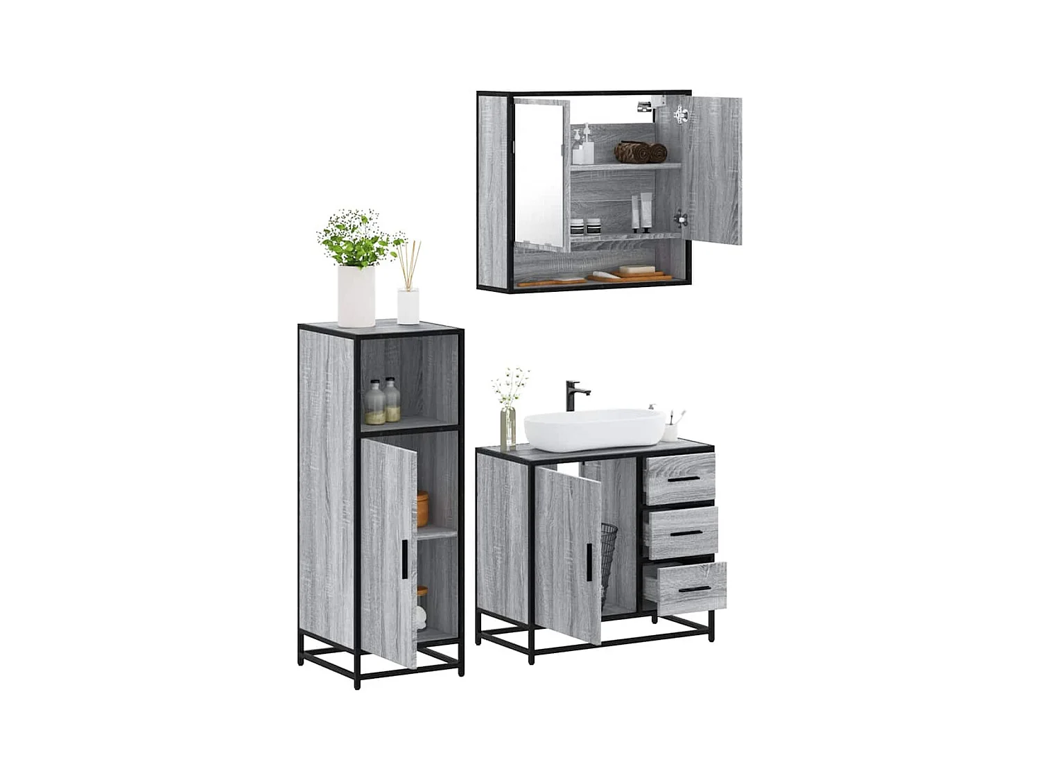 Ensemble de meubles de salle de bain 3 pcs Sonoma gris