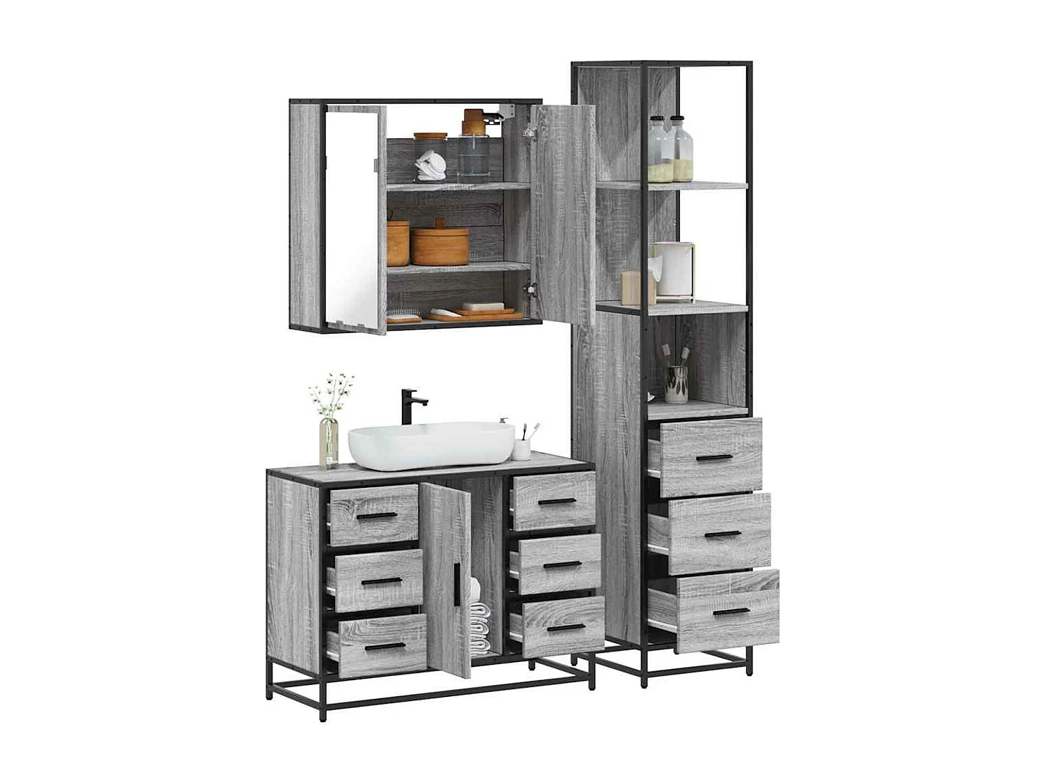 Ensemble de meubles de salle de bain 3 pcs Sonoma gris