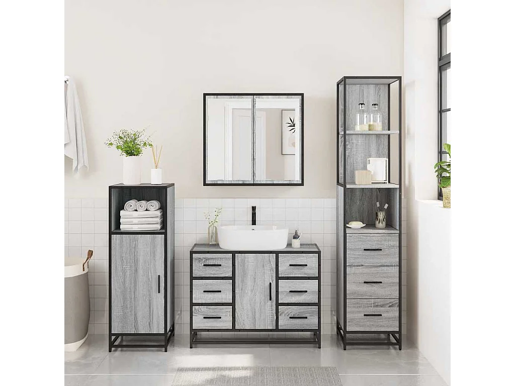 Ensemble de meubles de salle de bain 3 pcs Sonoma gris