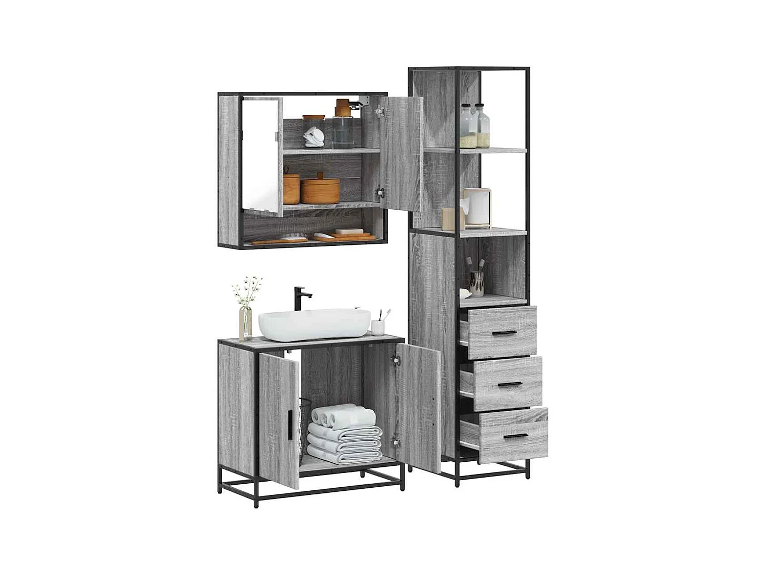 Ensemble de meubles de salle de bain 3 pcs Sonoma gris