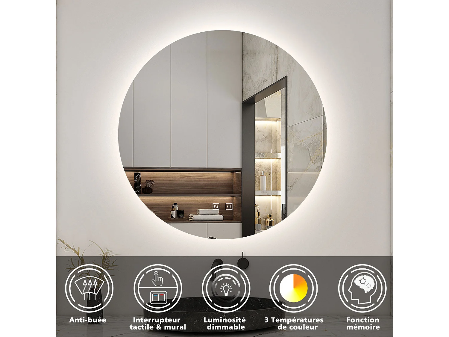 AICA Ensemble meuble Salle de Bain L.80cm Anthracite + vasque + Miroir rétro-éclairage & Tricolore 80cm