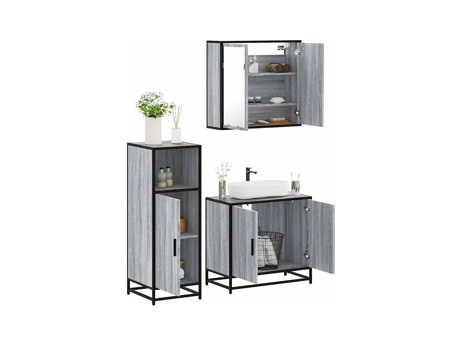 Ensemble de meubles de salle de bain 3 pcs Sonoma gris