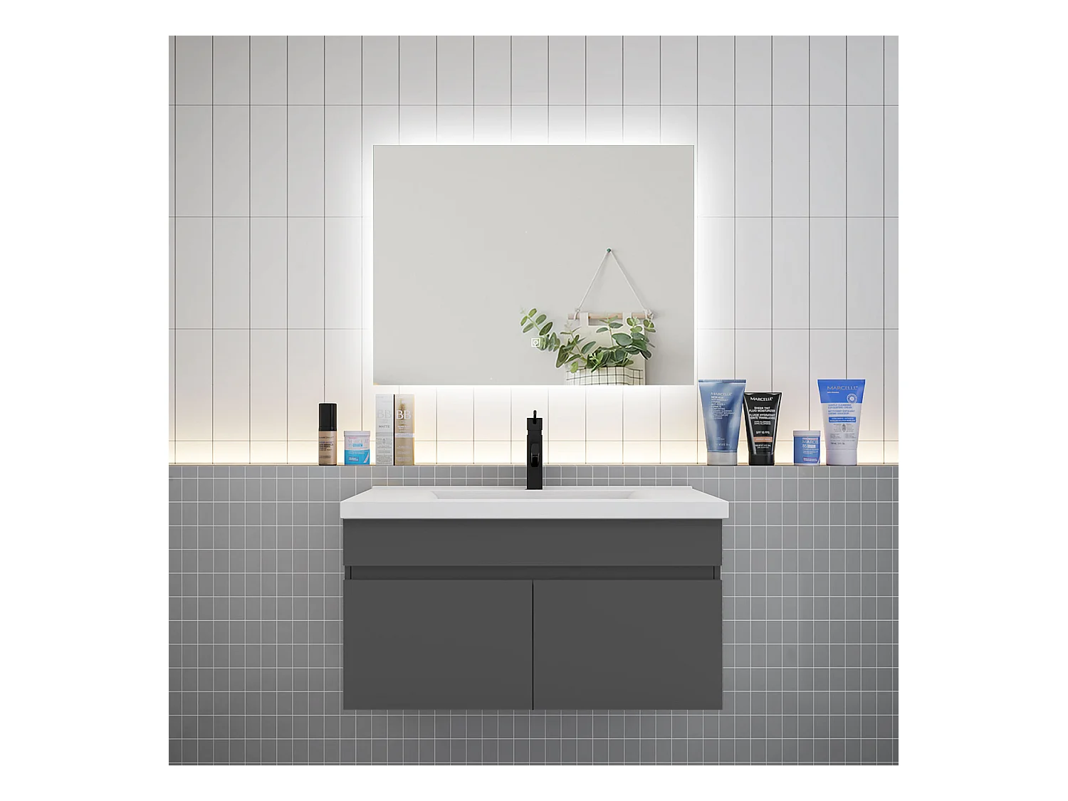 AICA Ensemble meuble Salle de Bain Anthracite avec vasque L.80cm + Miroir LED 80x60cm