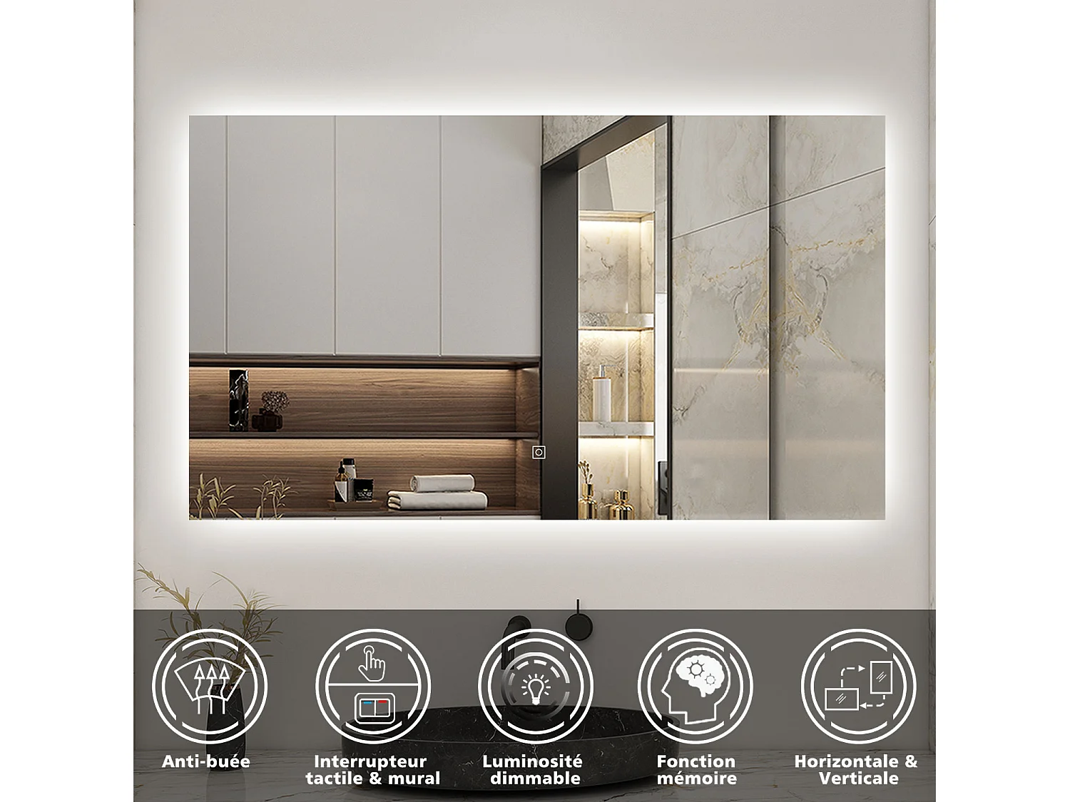 AICA Ensemble meuble Salle de Bain Anthracite avec vasque L.80cm + Miroir LED 80x60cm