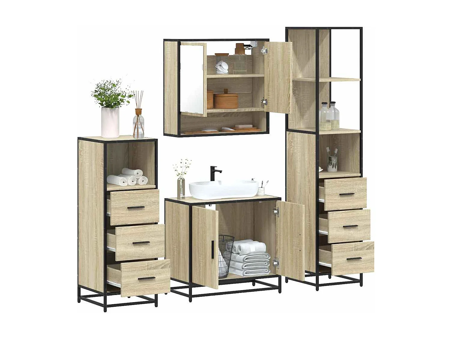 Set di mobili da bagno 4 pezzi in rovere Sonoma
