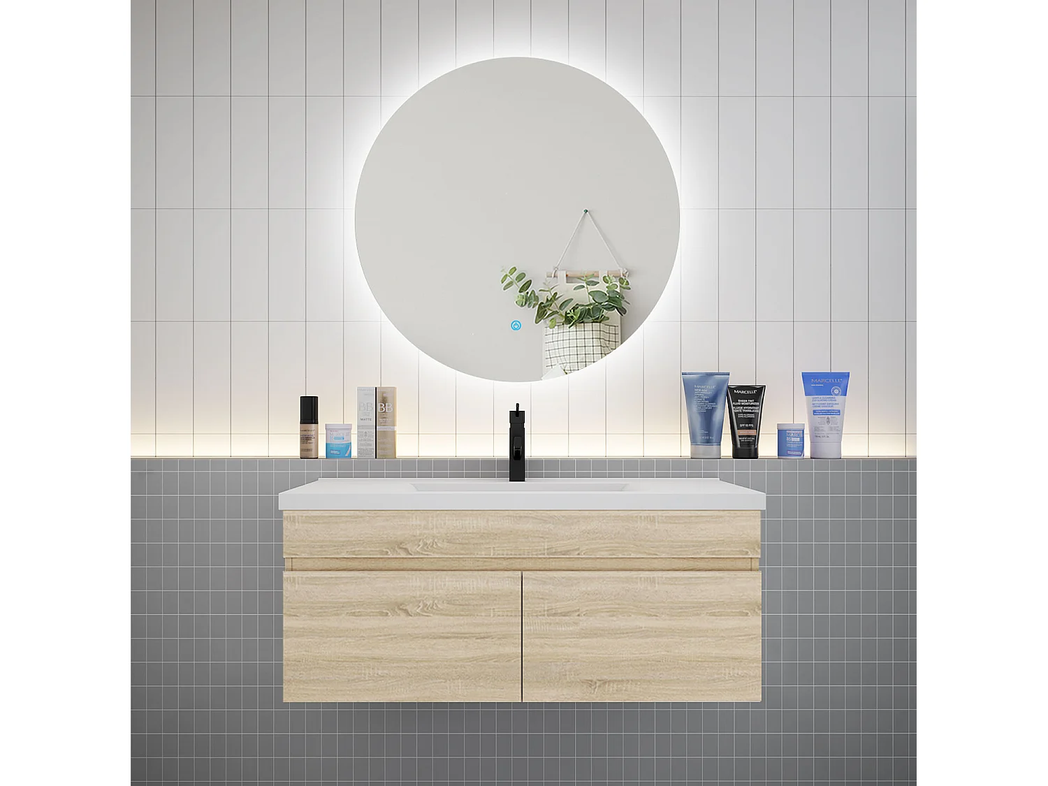 AICA Ensemble meuble Salle de Bain L.100cm Chêne + vasque + Miroir 100cm Dimmable Rond