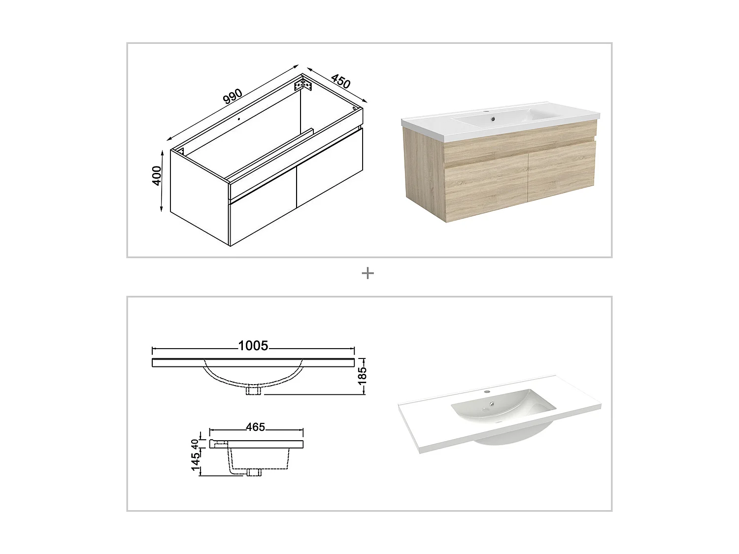 AICA Ensemble meuble Salle de Bain L.100cm Chêne + vasque + Miroir 100cm Tricolore + Dimmable Rond