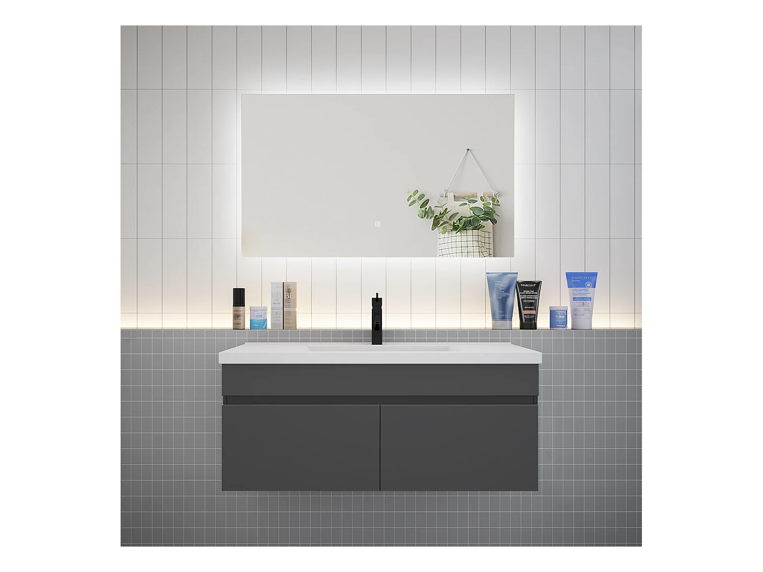 AICA Ensemble meuble Salle de Bain Anthracite avec vasque L.100cm + Miroir LED 100x60cm