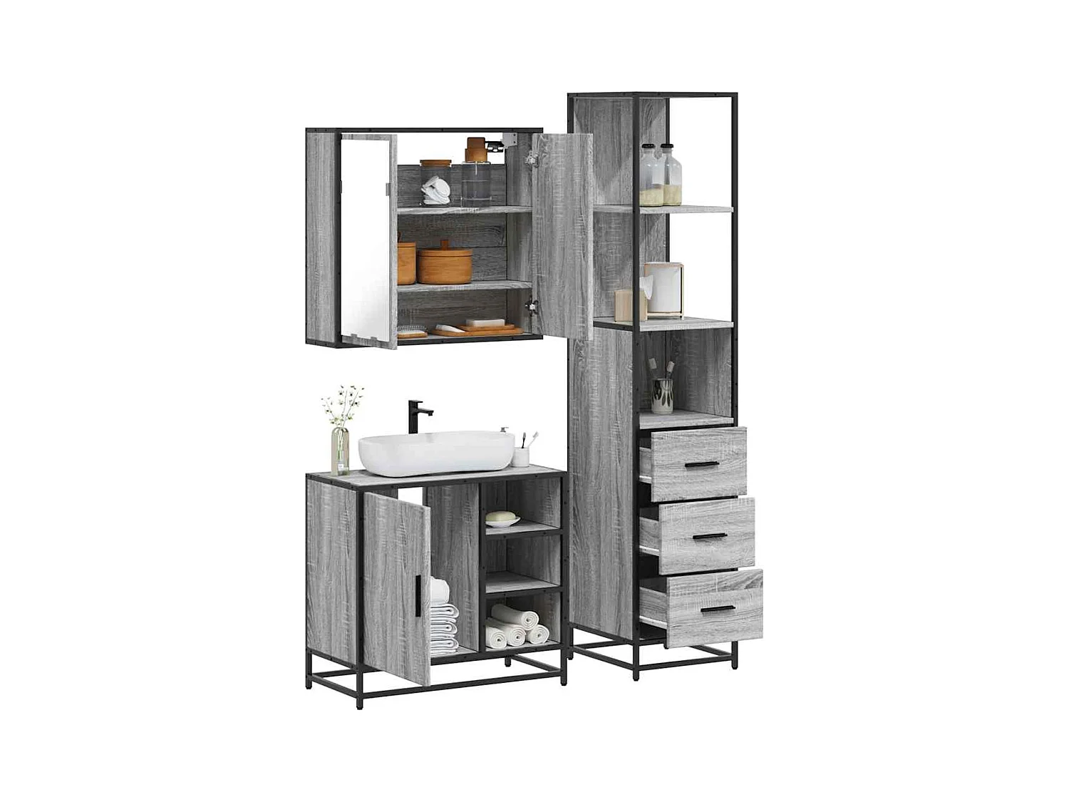 Ensemble de meubles de salle de bain 3 pcs Sonoma gris