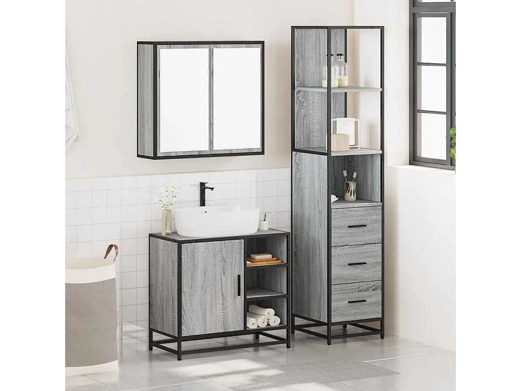 Ensemble de meubles de salle de bain 3 pcs Sonoma gris