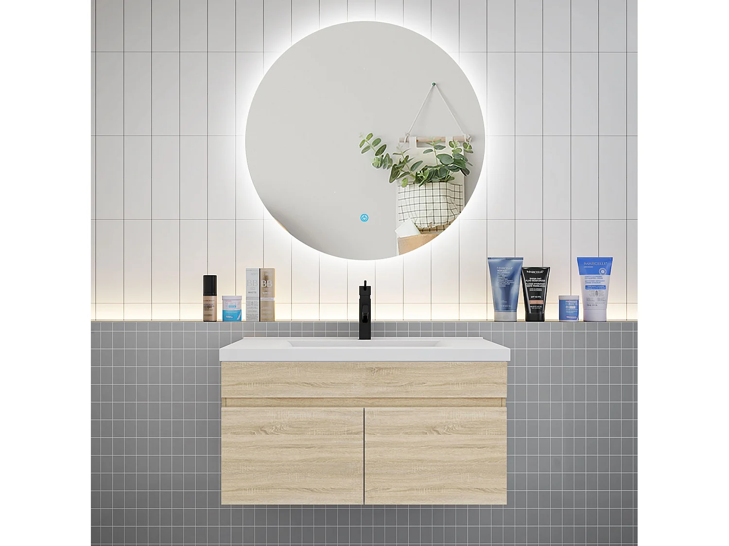 AICA Ensemble meuble Salle de Bain L.80cm Chêne + vasque + Miroir rétro-éclairage & Tricolore 80cm