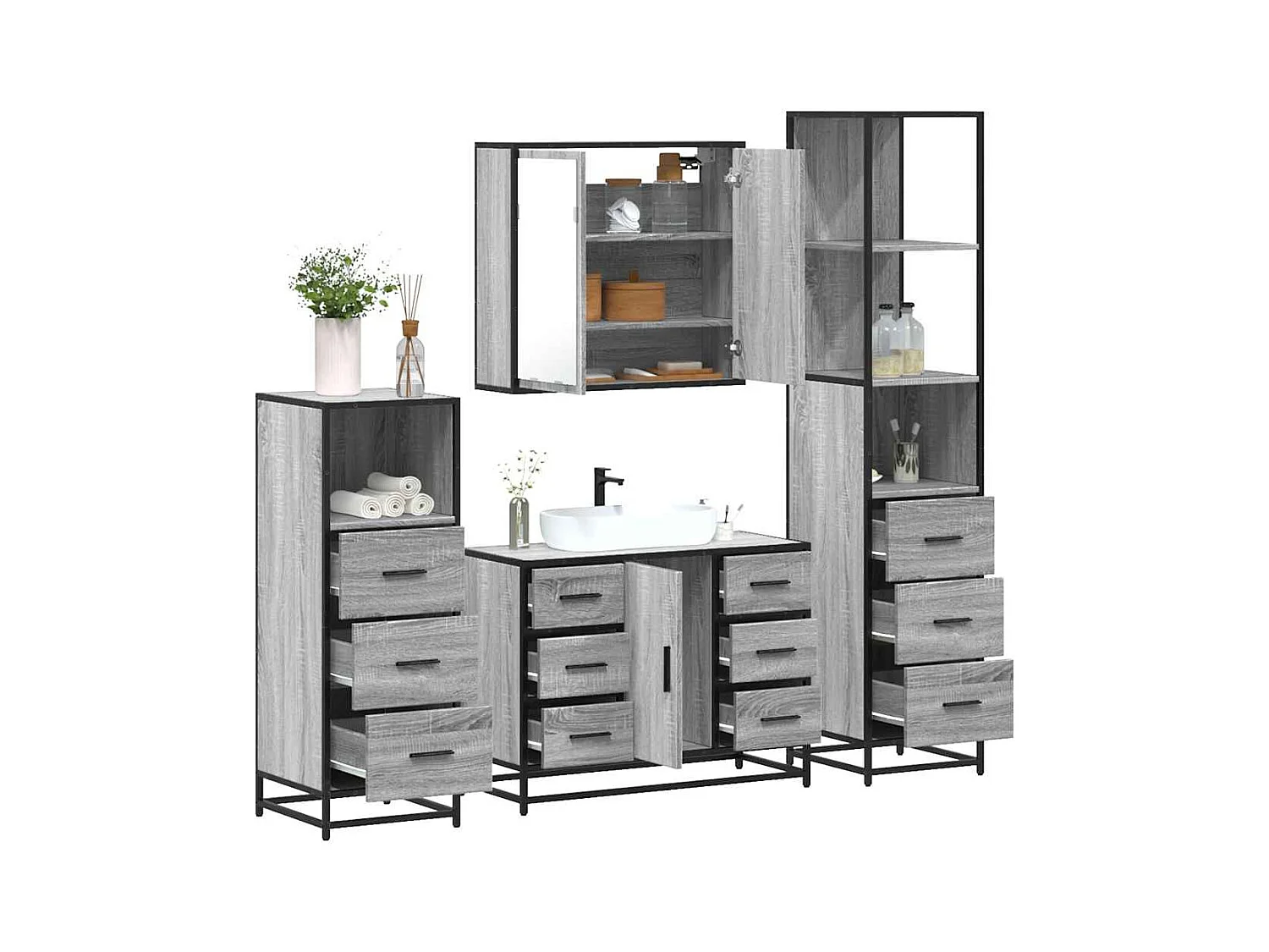 Set di mobili da bagno 4 pezzi grigio Sonoma