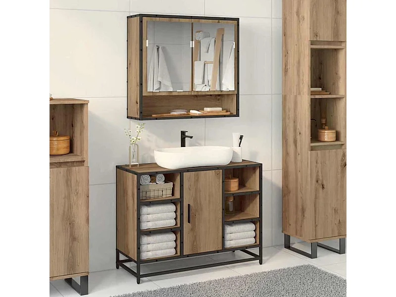 Meuble de Lavabo de Salle de Bain avec étagère chêne artisanal