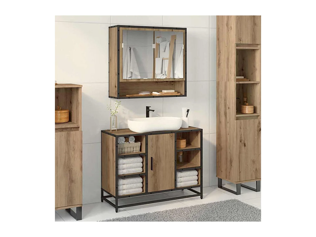 Meuble de Lavabo de Salle de Bain avec étagère chêne artisanal