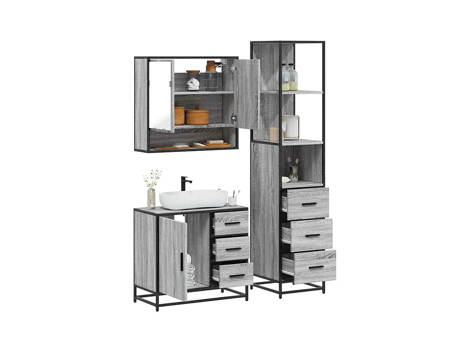 Ensemble de meubles de salle de bain 3 pcs Sonoma gris