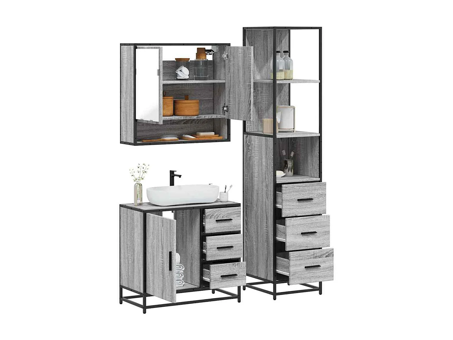 Ensemble de meubles de salle de bain 3 pcs Sonoma gris