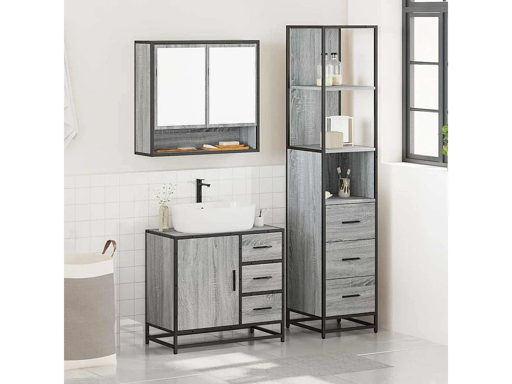 Ensemble de meubles de salle de bain 3 pcs Sonoma gris