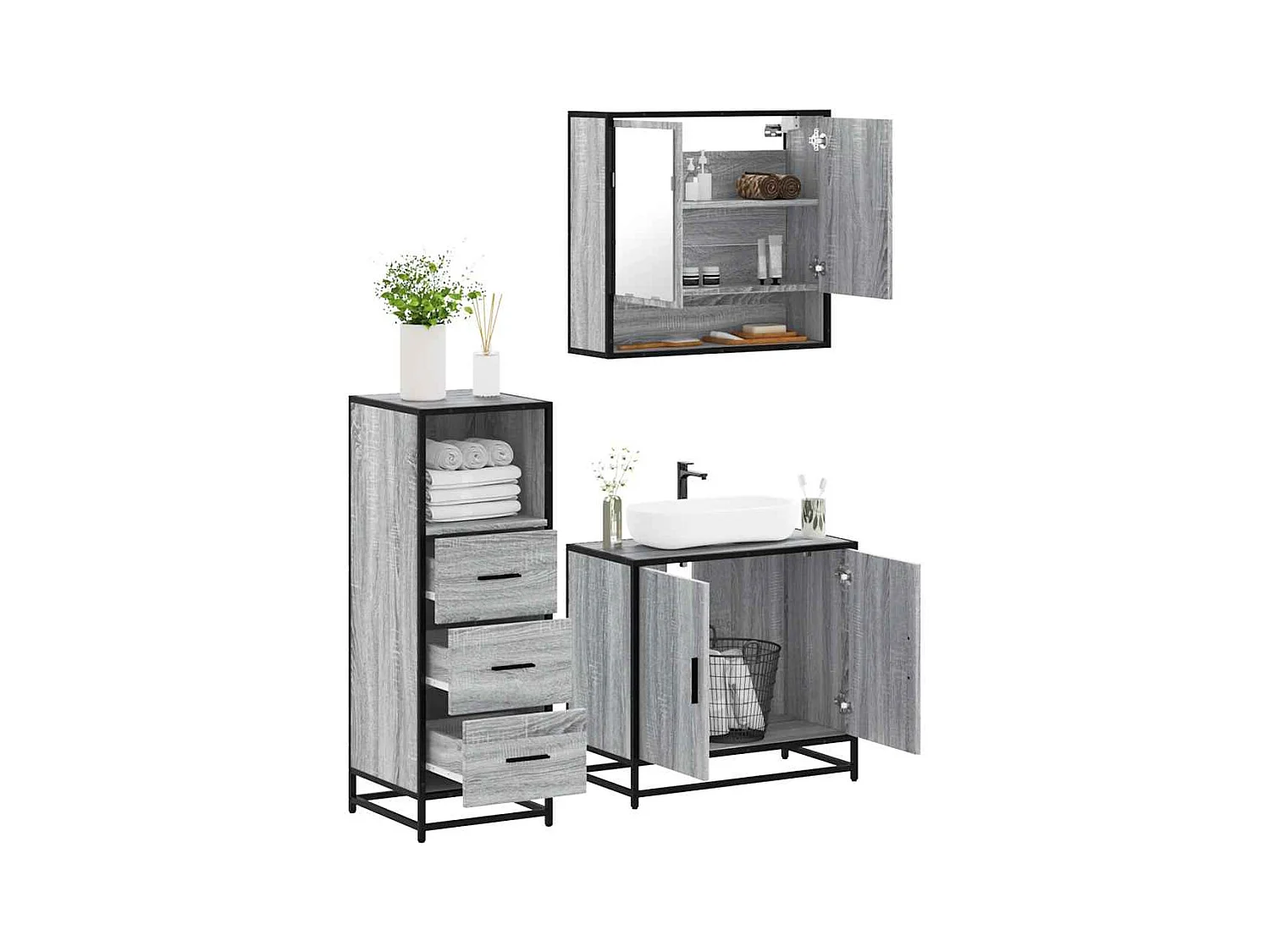 Ensemble de meubles de salle de bain 3 pcs Sonoma gris