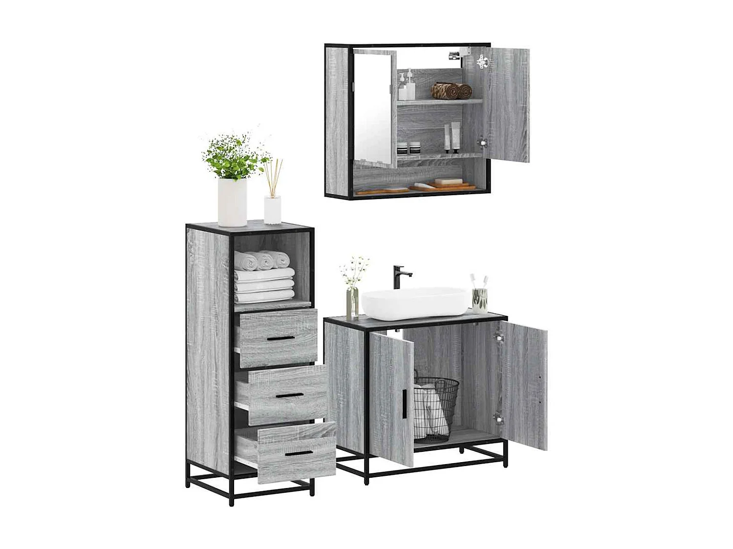 Ensemble de meubles de salle de bain 3 pcs Sonoma gris