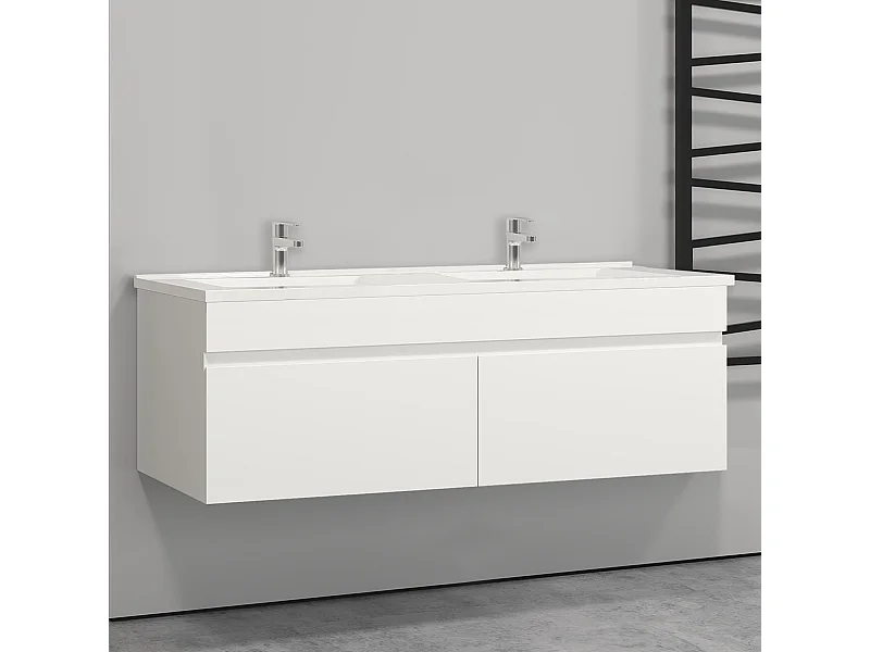 AICA Ensemble meuble Salle de Bain suspendu Blanc avec 2 portes + double vasque en céramique, L x W x H:120x45x40cm