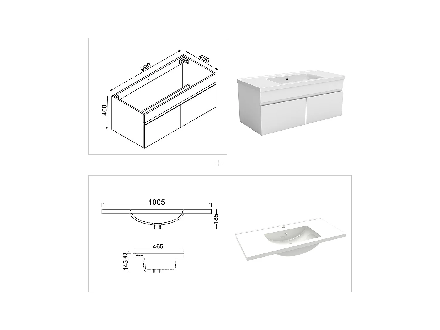 AICA Ensemble meuble Salle de Bain L.100cm Blanc + vasque + Miroir 100cm Dimmable Rond