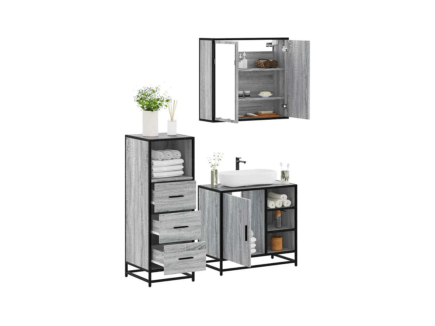 Ensemble de meubles de salle de bain 3 pcs Sonoma gris