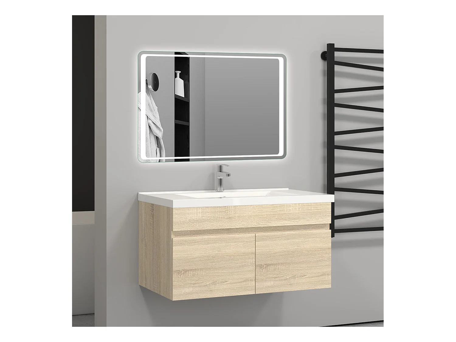 AICA Ensemble meuble Salle de Bain avec portes + vasque céramique, L x W x H: 79,5x45x40cm， Chêne Mat