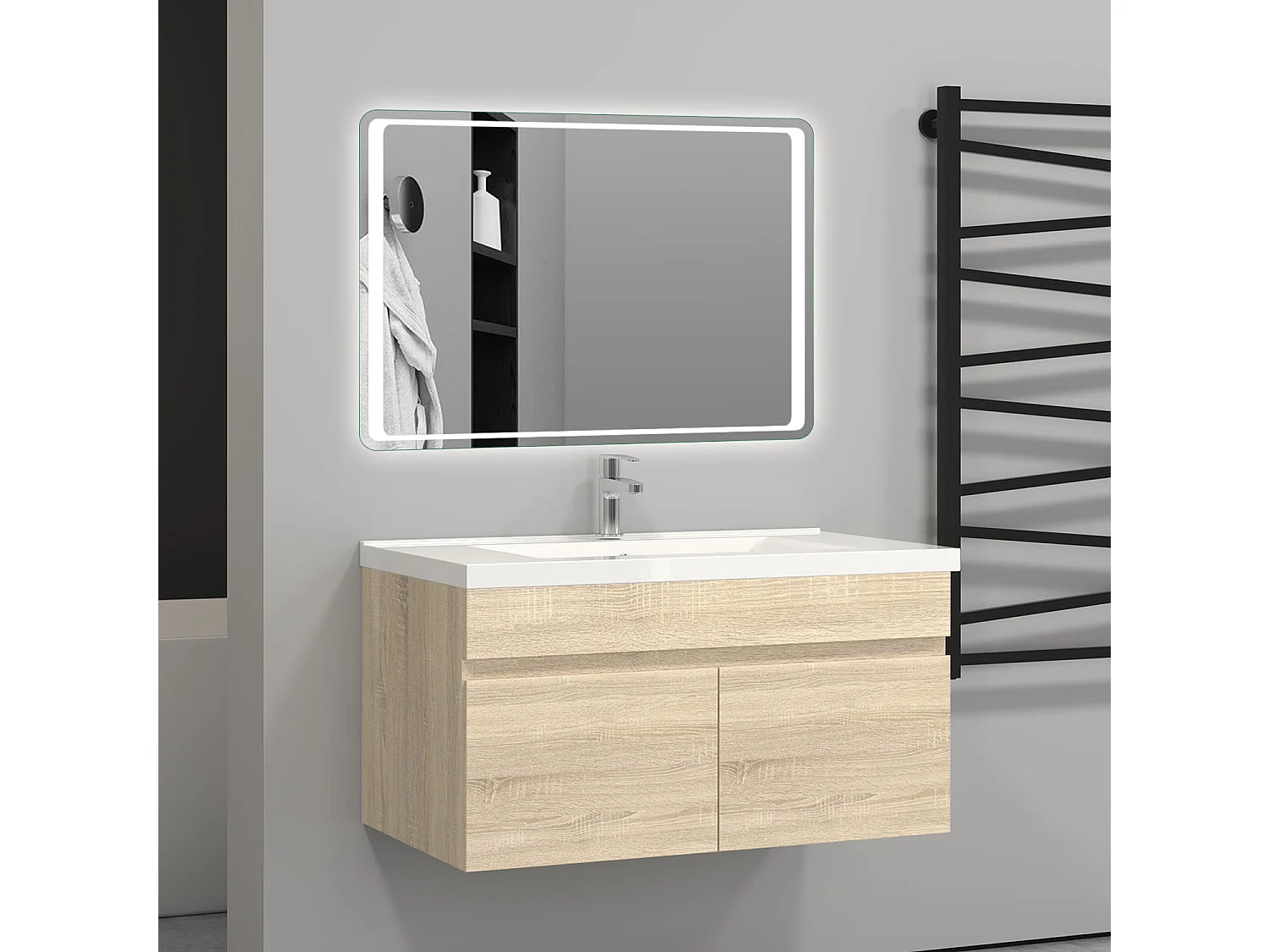 AICA Ensemble meuble Salle de Bain avec portes + vasque céramique, L x W x H: 79,5x45x40cm， Chêne Mat