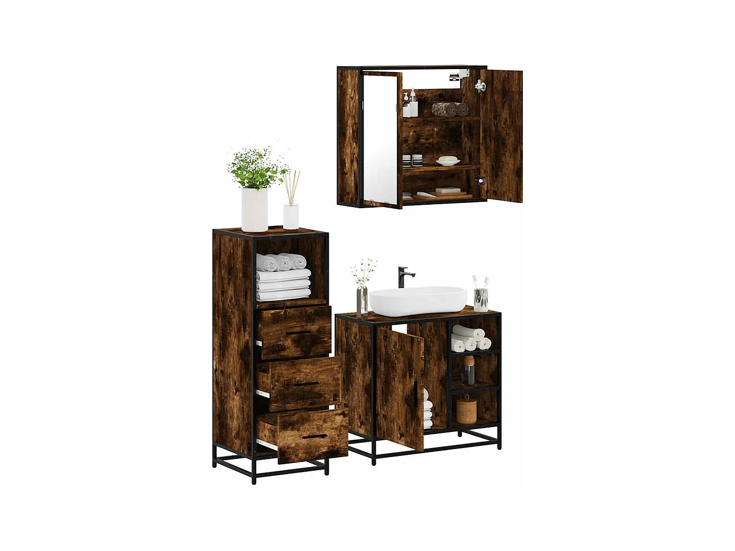 Ensemble de meubles de salle de bain 3 pcs Chêne fumé