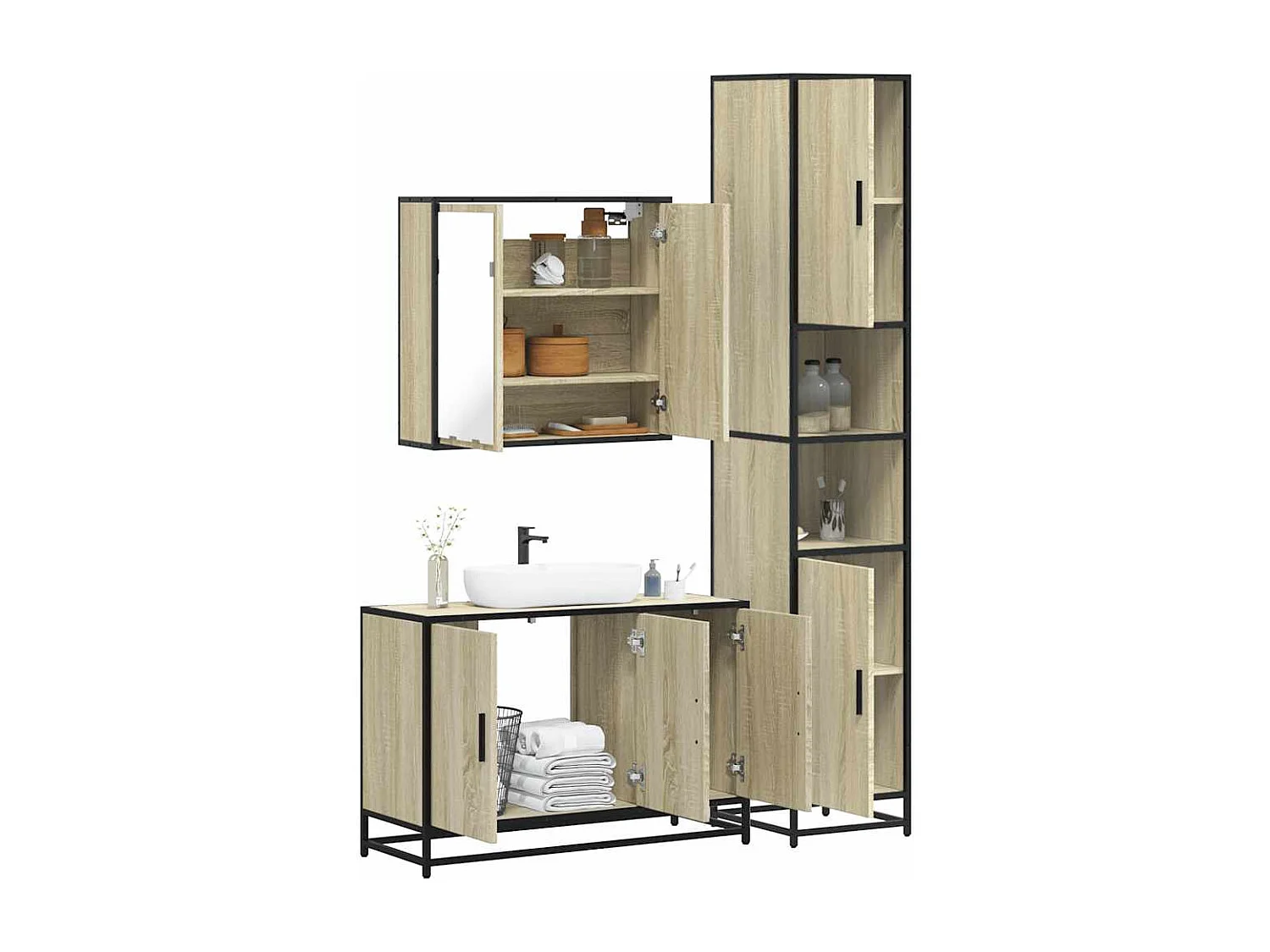 Set di mobili da bagno 3 pezzi in rovere Sonoma