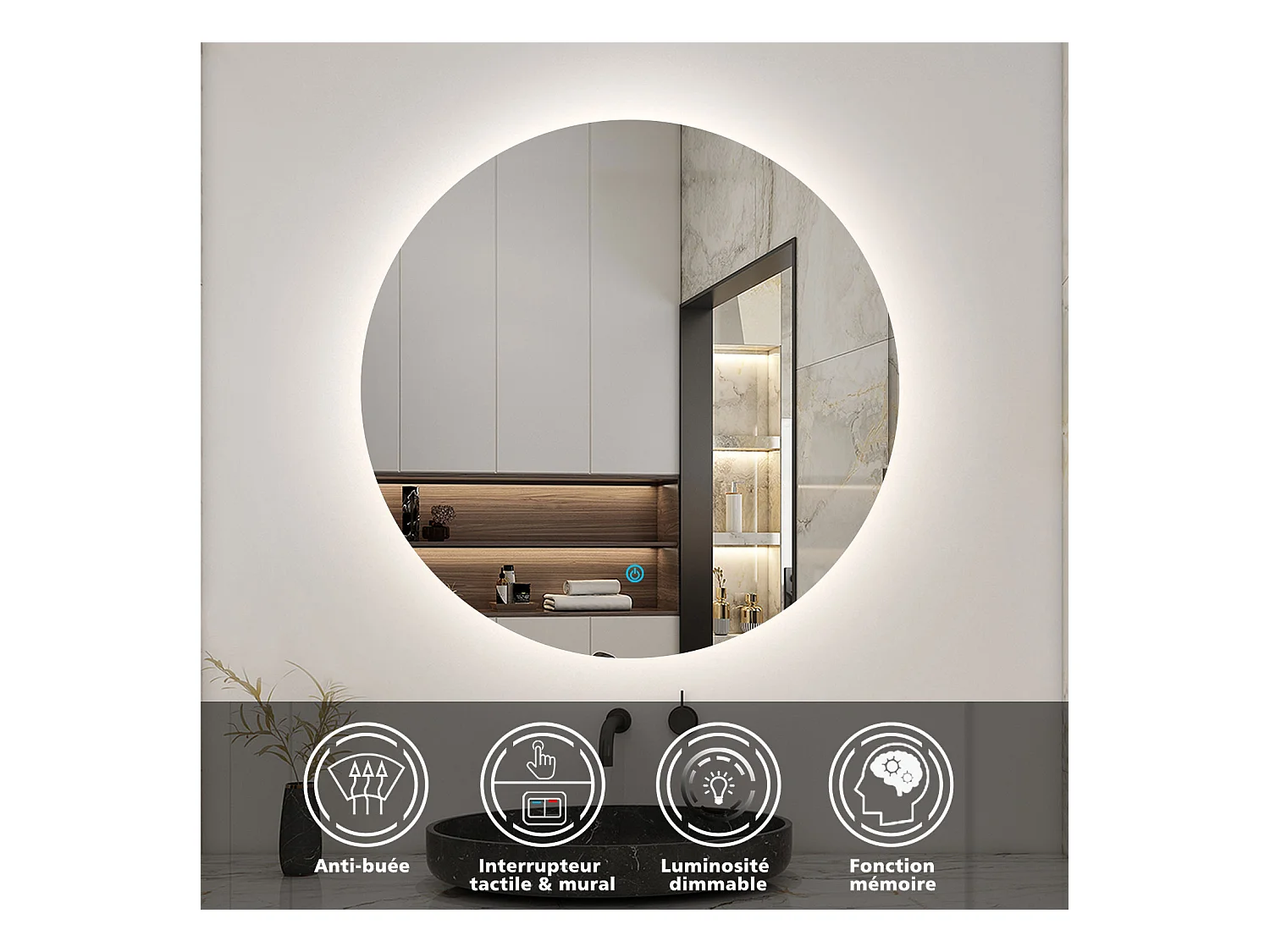AICA Ensemble meuble Salle de Bain vasque L.120cm + 2 x Miroir LED Rond 60cm,Chêne