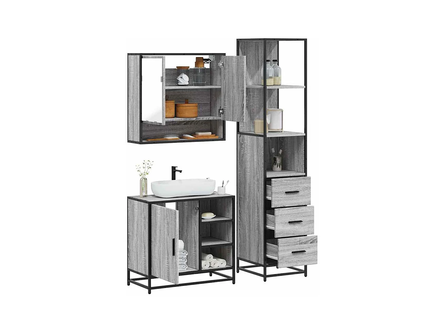 Ensemble de meubles de salle de bain 3 pcs Sonoma gris