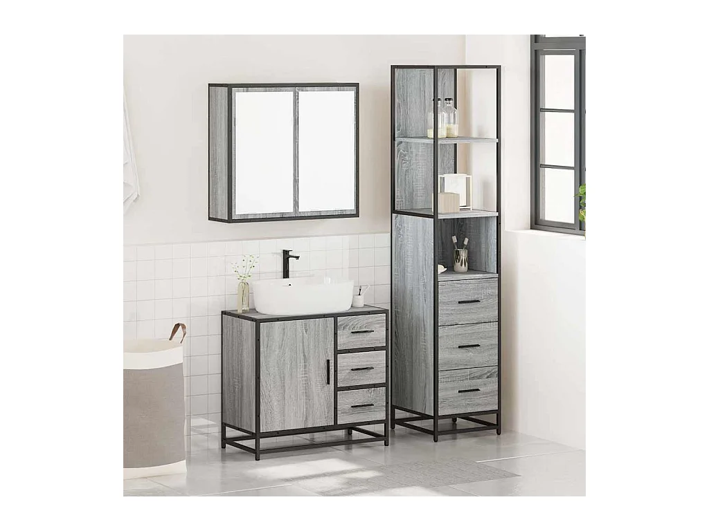 Ensemble de meubles de salle de bain 3 pcs Sonoma gris