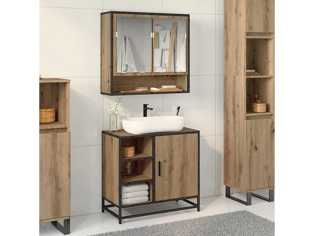 Meuble de Lavabo de Salle de Bain avec étagère chêne artisanal