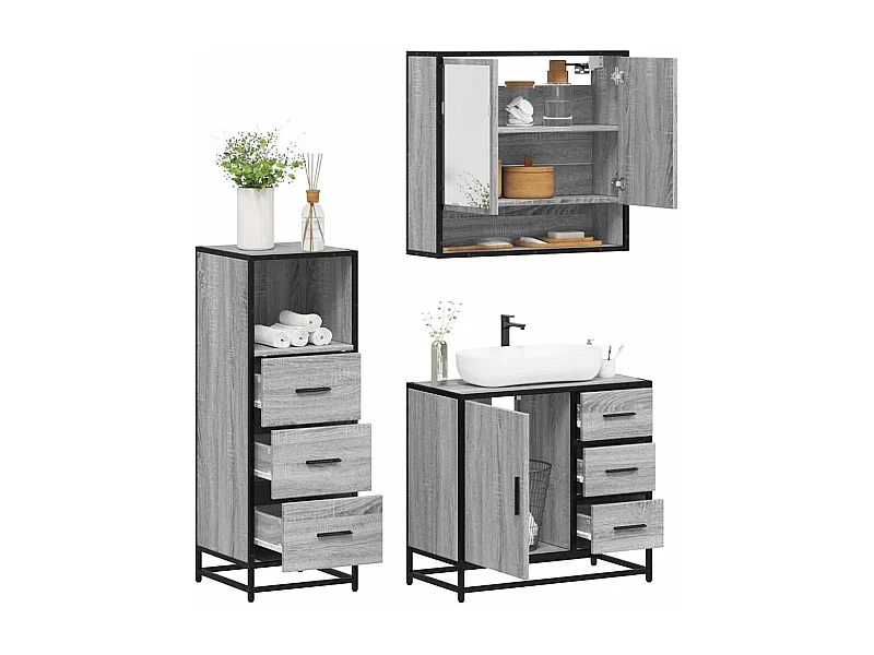 Ensemble de meubles de salle de bain 3 pcs Sonoma gris