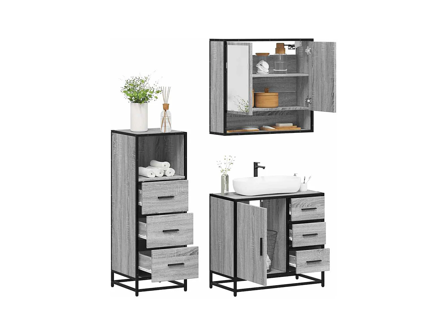 Ensemble de meubles de salle de bain 3 pcs Sonoma gris