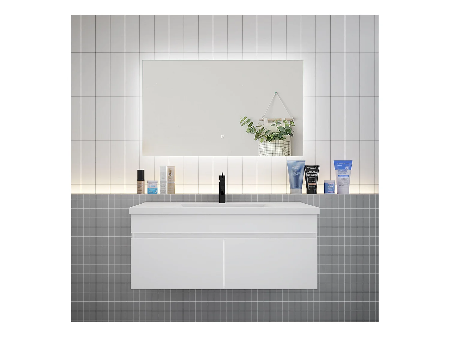 AICA Ensemble meuble Salle de Bain Blanc avec vasque L.100cm + Miroir LED 100x60cm