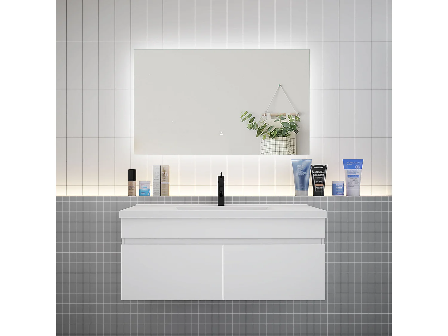 AICA Ensemble meuble Salle de Bain Blanc avec vasque L.100cm + Miroir LED 100x60cm