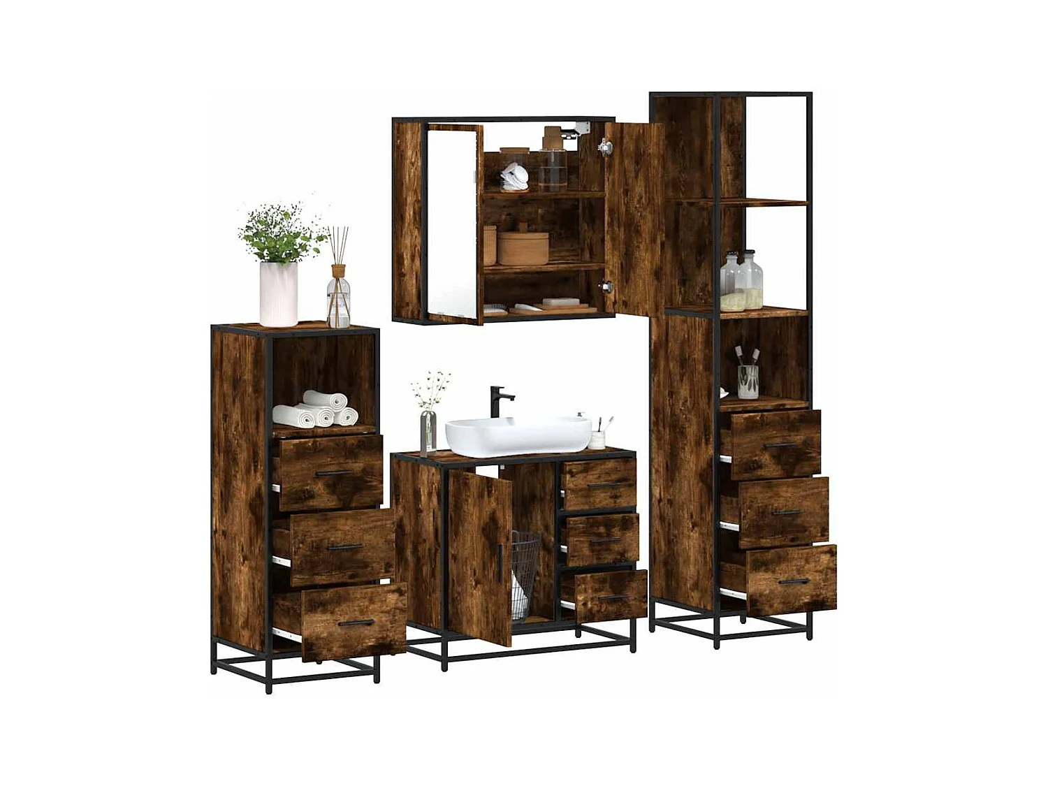 Set di mobili da bagno 4 pezzi in legno ingegnerizzato rovere affumicato
