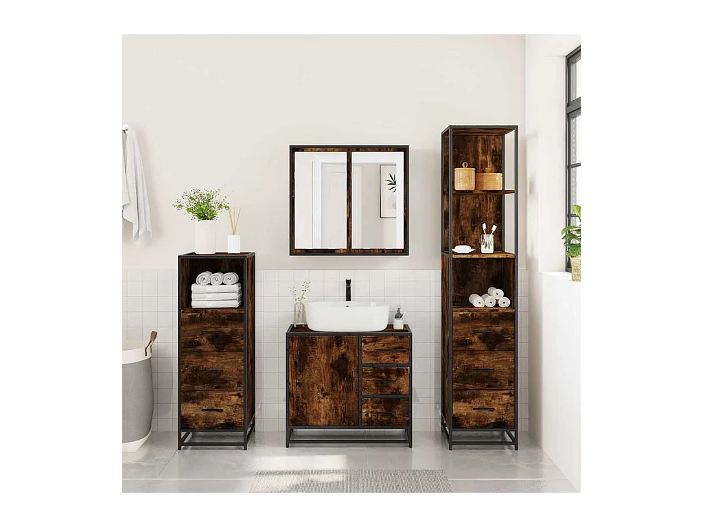 Set di mobili da bagno 4 pezzi in legno ingegnerizzato rovere affumicato