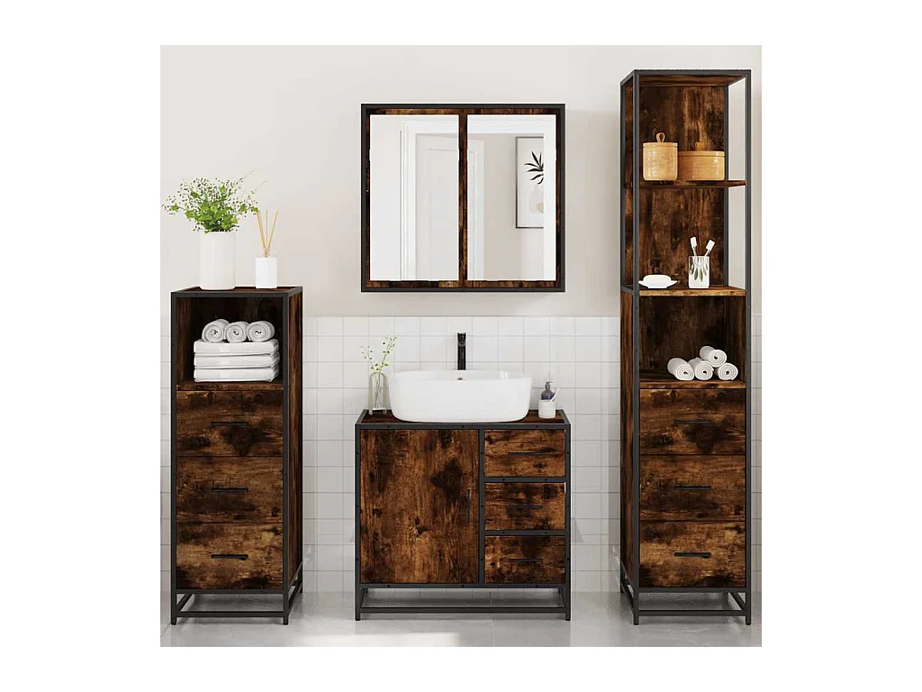 Set di mobili da bagno 4 pezzi in legno ingegnerizzato rovere affumicato