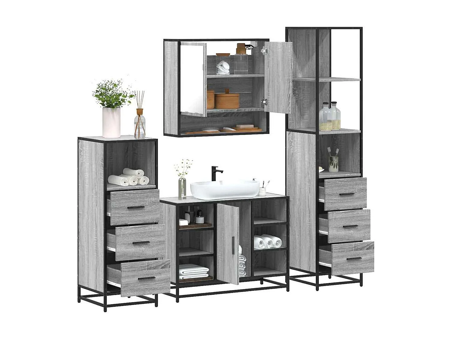 Set di mobili da bagno 4 pezzi grigio Sonoma
