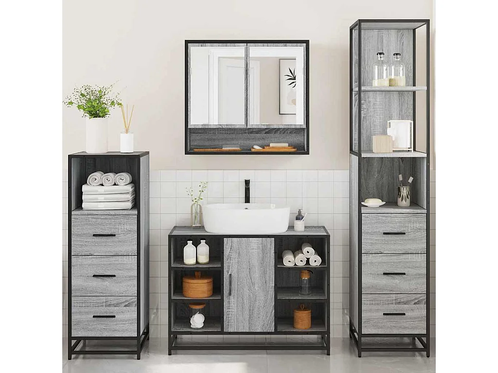 Set di mobili da bagno 4 pezzi grigio Sonoma